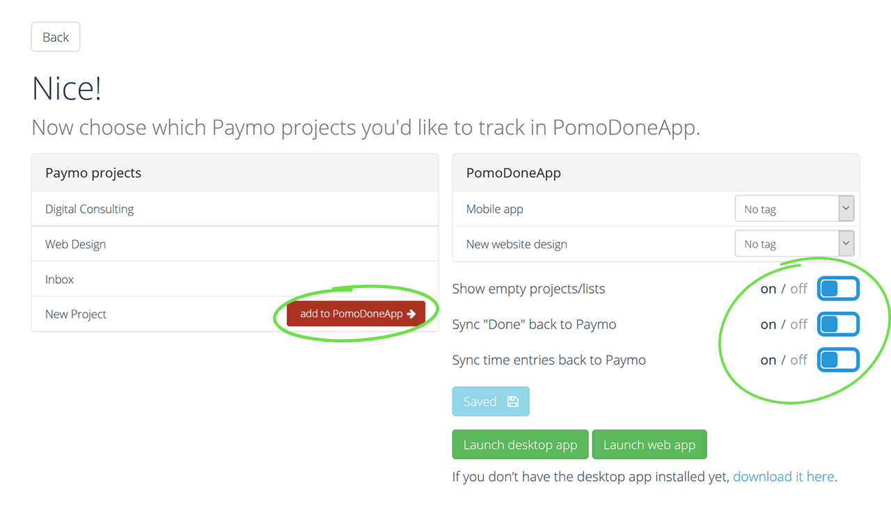 choose which projects from Paymo (left column) you wish to sync with RoundPie